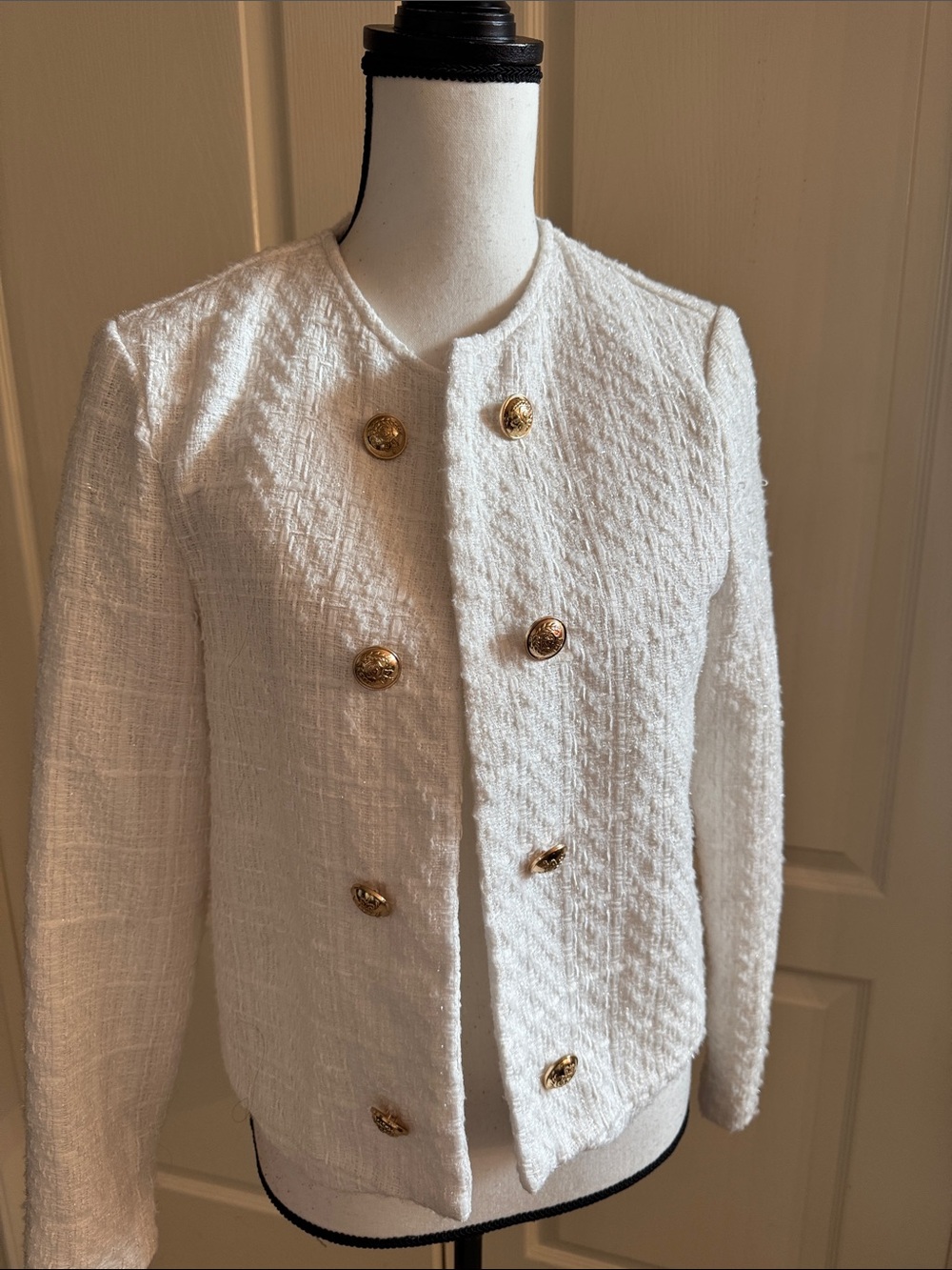 White Tweed Double-Breasted Jacket with Gold Buttons - Size Medium